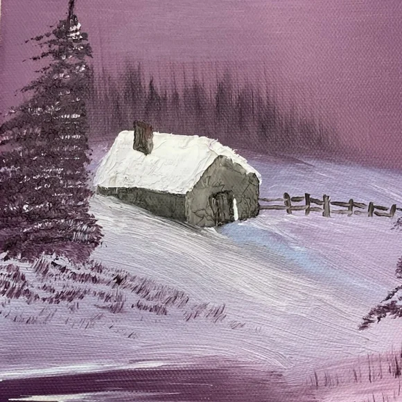 Cabin in the Woods Snowy Scene Purple Sky Oil Painting 8x10 - Picture 3 of 10